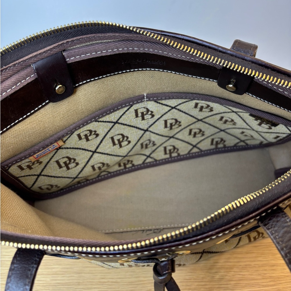 Dooney & Bourke Monogram Canvas Shoulder Bag Brown Leather Trim Tassel Beige - Picture 9 of 16